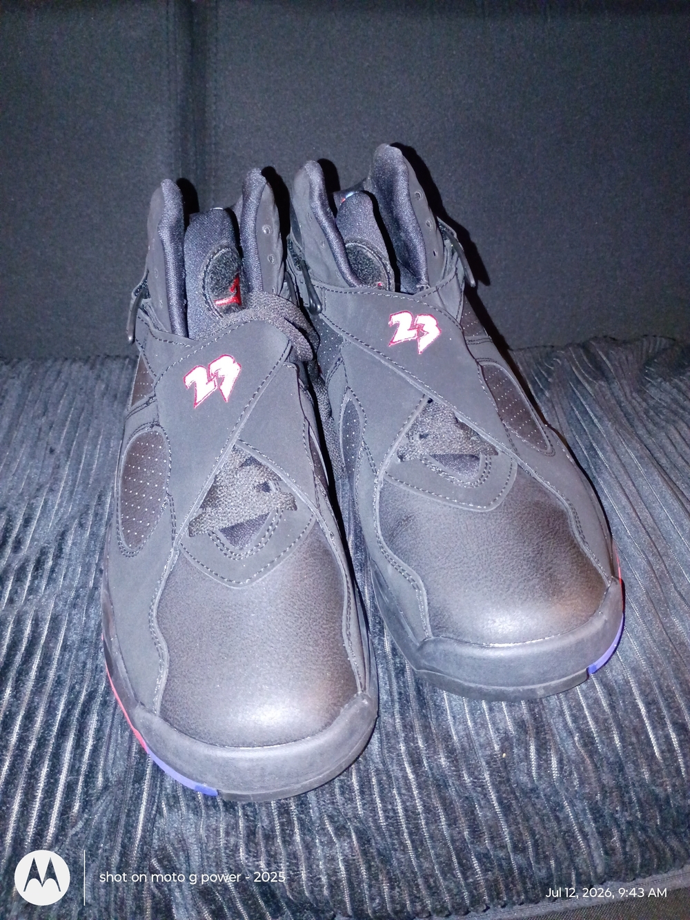 Black Nike Air Jordan 8s Athletic Shoes with Red And Blue Accent -